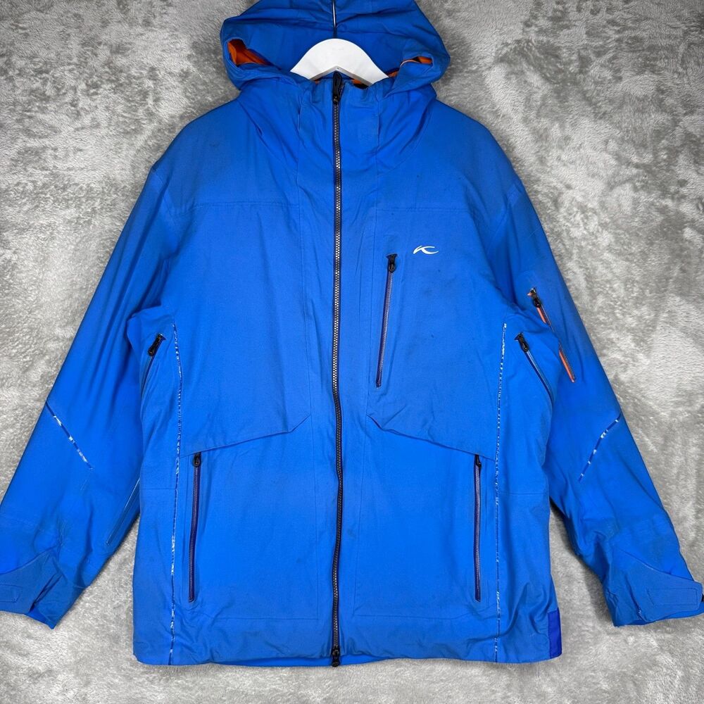 KJUS Jacket Mens Large Blue Hooded Full Zip FRX Ski Snow Waterproof Shell Recco